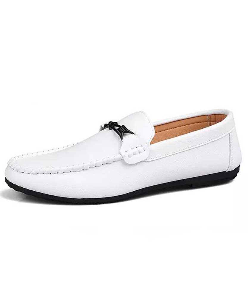 White metal buckle leather slip on shoe 