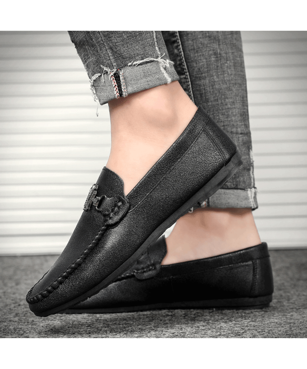 Black N Y buckle on vamp leather slip on shoe loafer | Mens shoe ...