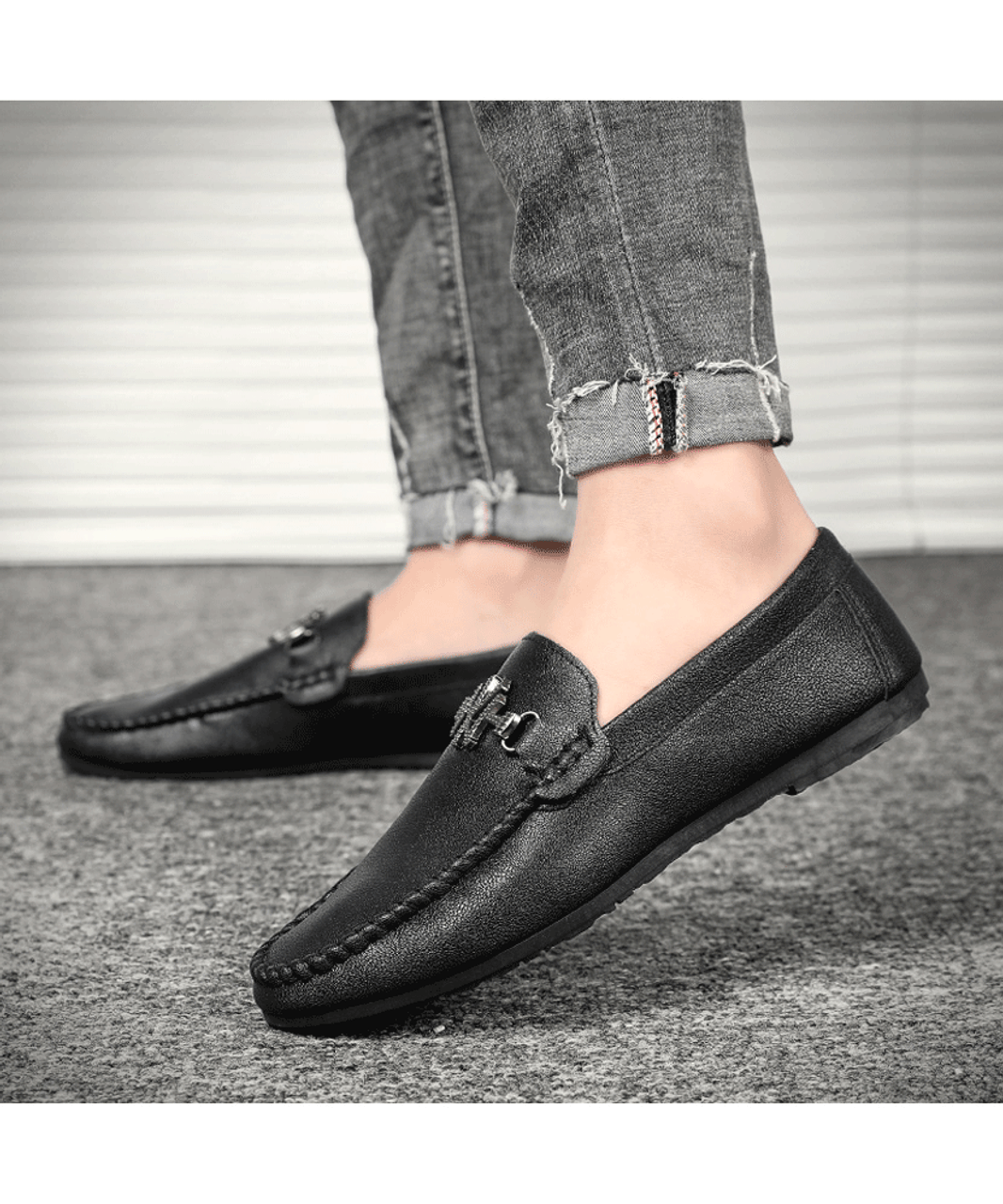 Black N Y buckle on vamp leather slip on shoe loafer | Mens shoe ...