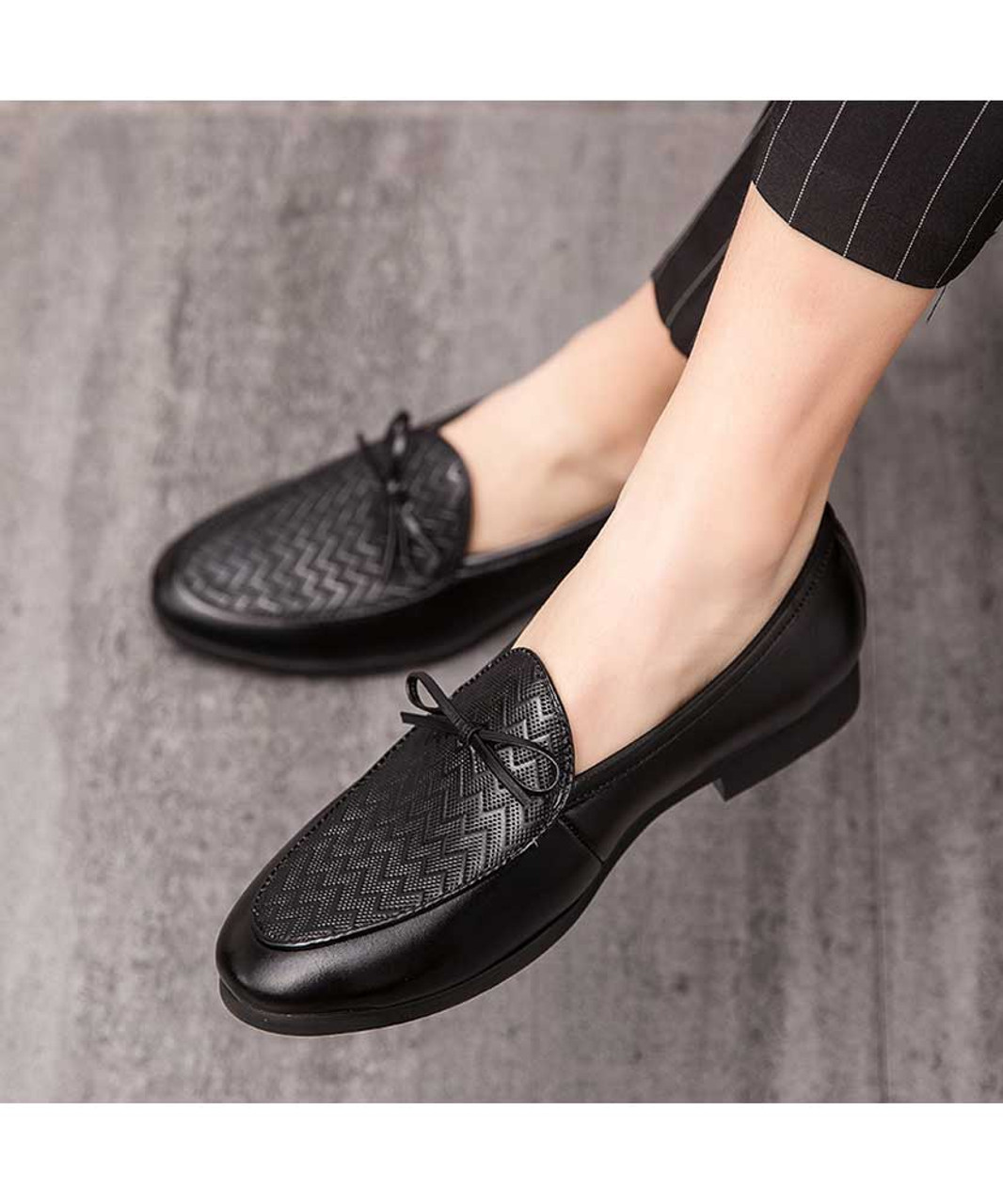 Black weave pattern bow tie leather slip on dress shoe | Mens dress ...