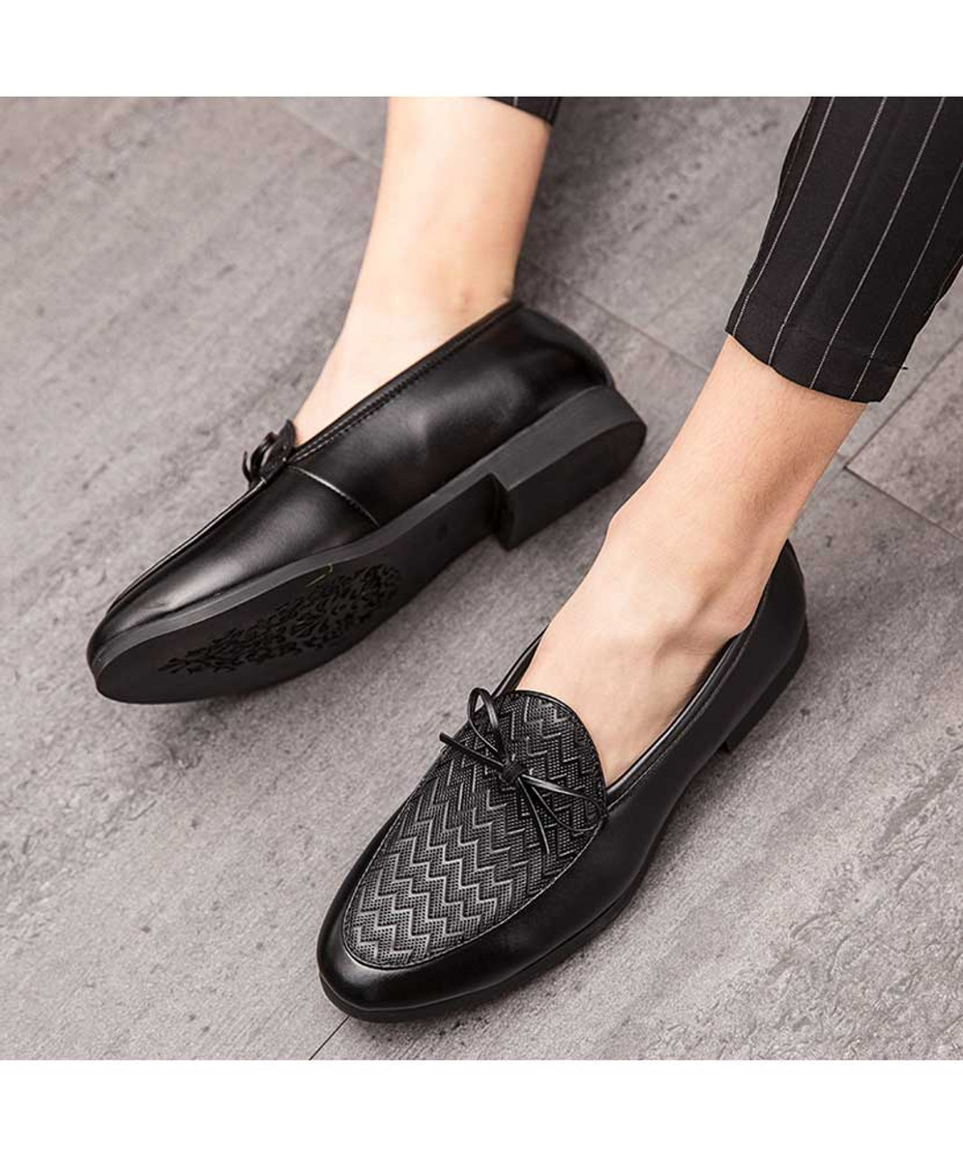Black weave pattern bow tie leather slip on dress shoe | Mens dress ...