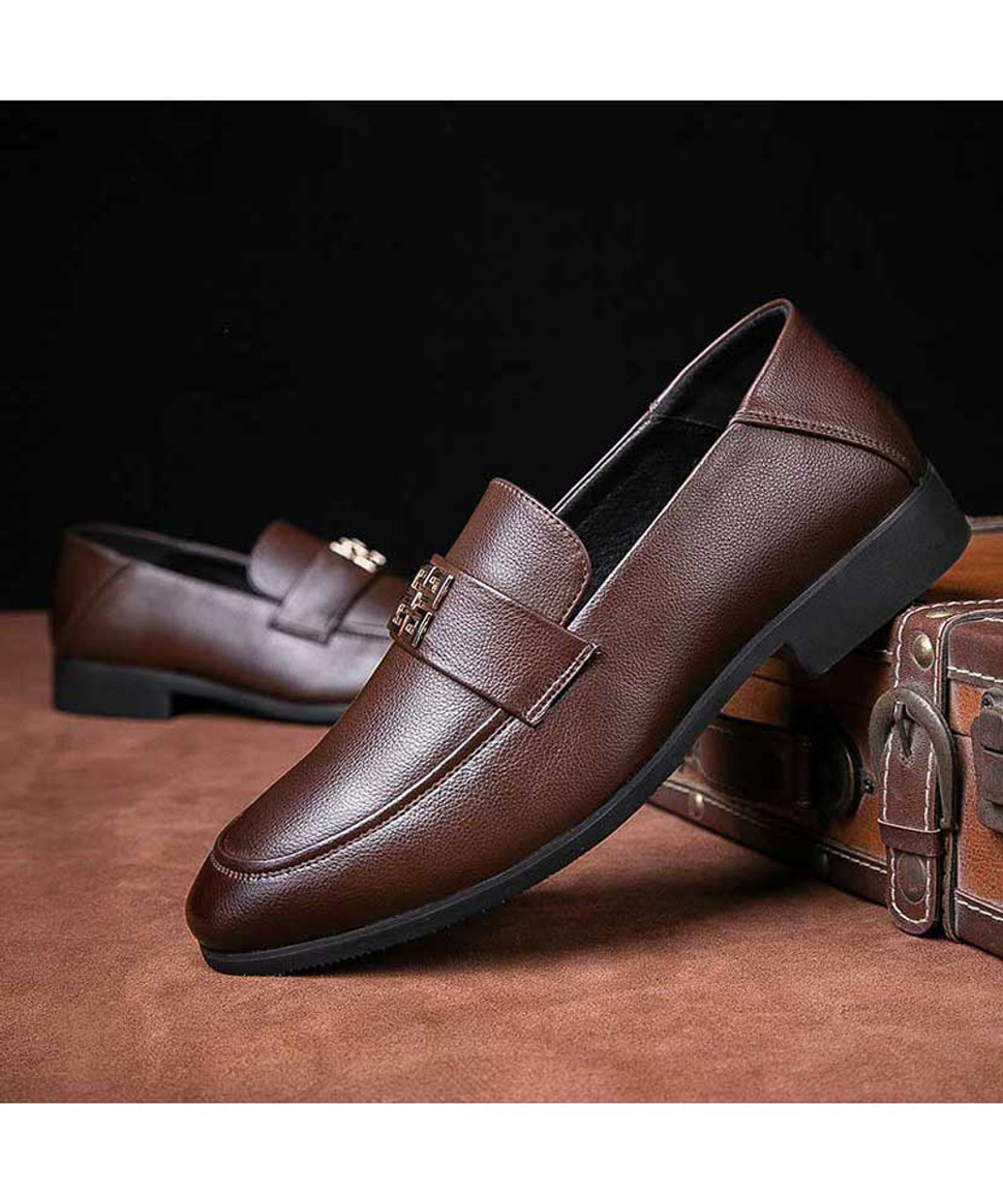 Brown metal buckle on penny leather slip on dress shoe | Mens dress ...