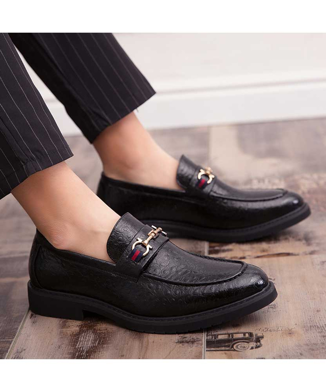 Black croc pattern buckle slip on penny dress shoe | Mens dress shoes ...