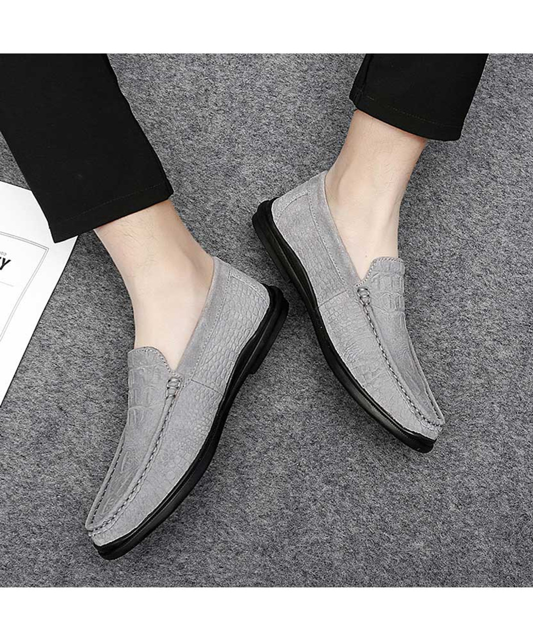 Grey crocodile pattern leather slip on shoe loafer | Mens shoe loafers ...
