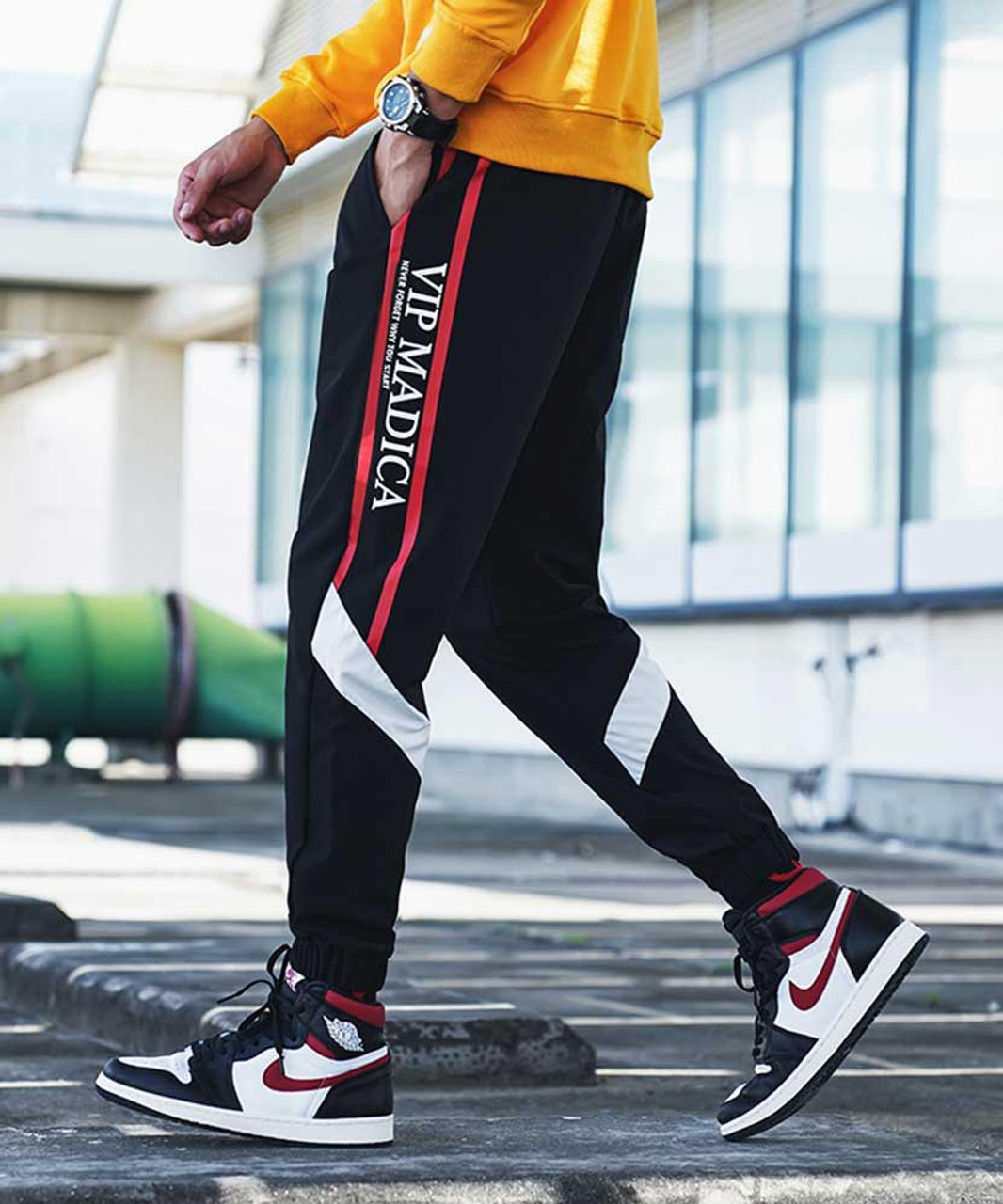 black pants red stripe mens