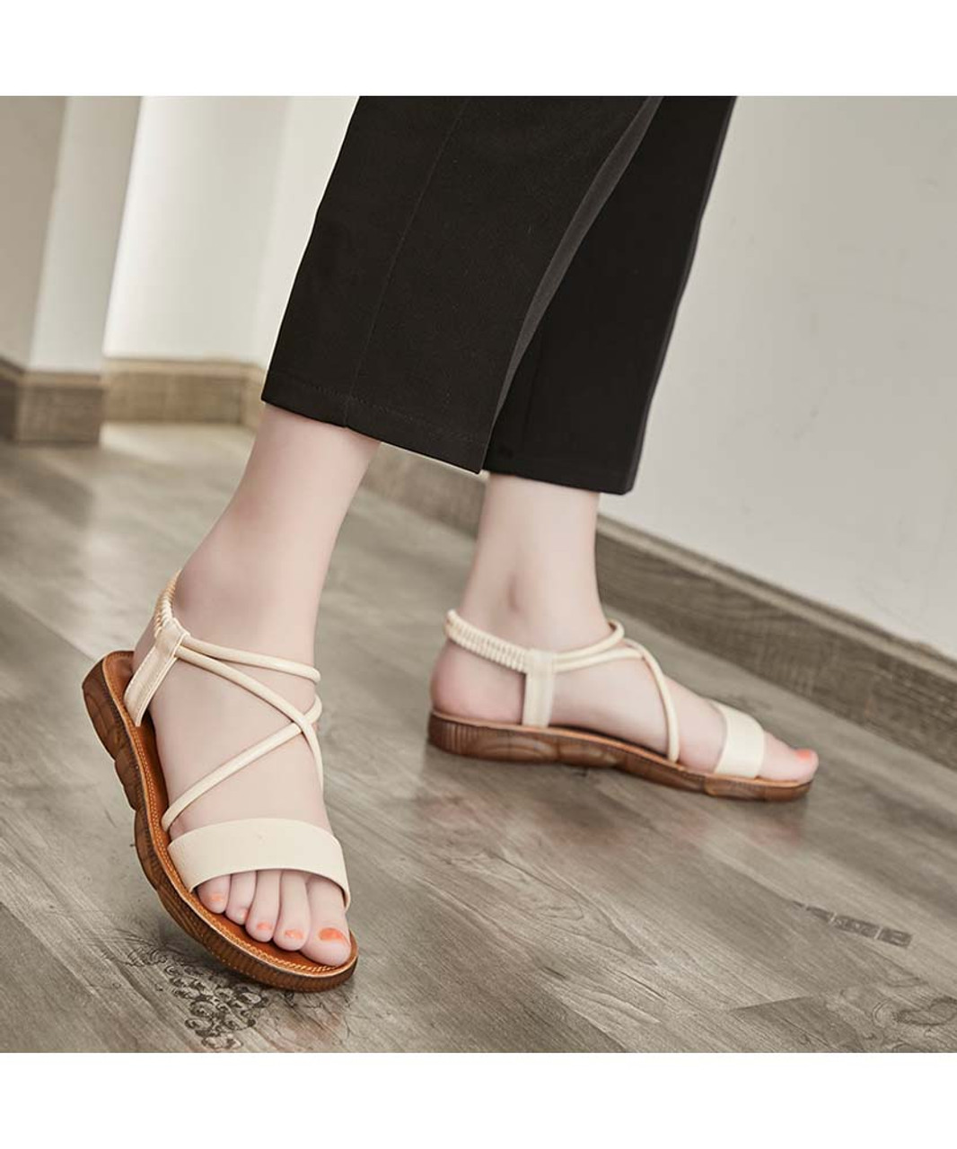 Beige cross strap slip on shoe sandal | Womens shoe sandals online 2231WS