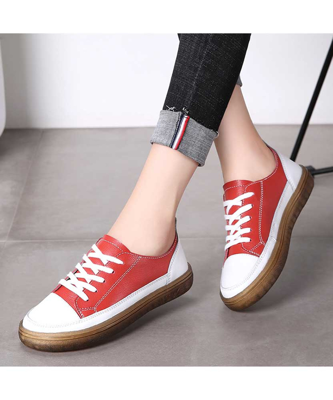Red white sewed split leather shoe sneaker | Womens shoe sneakers ...
