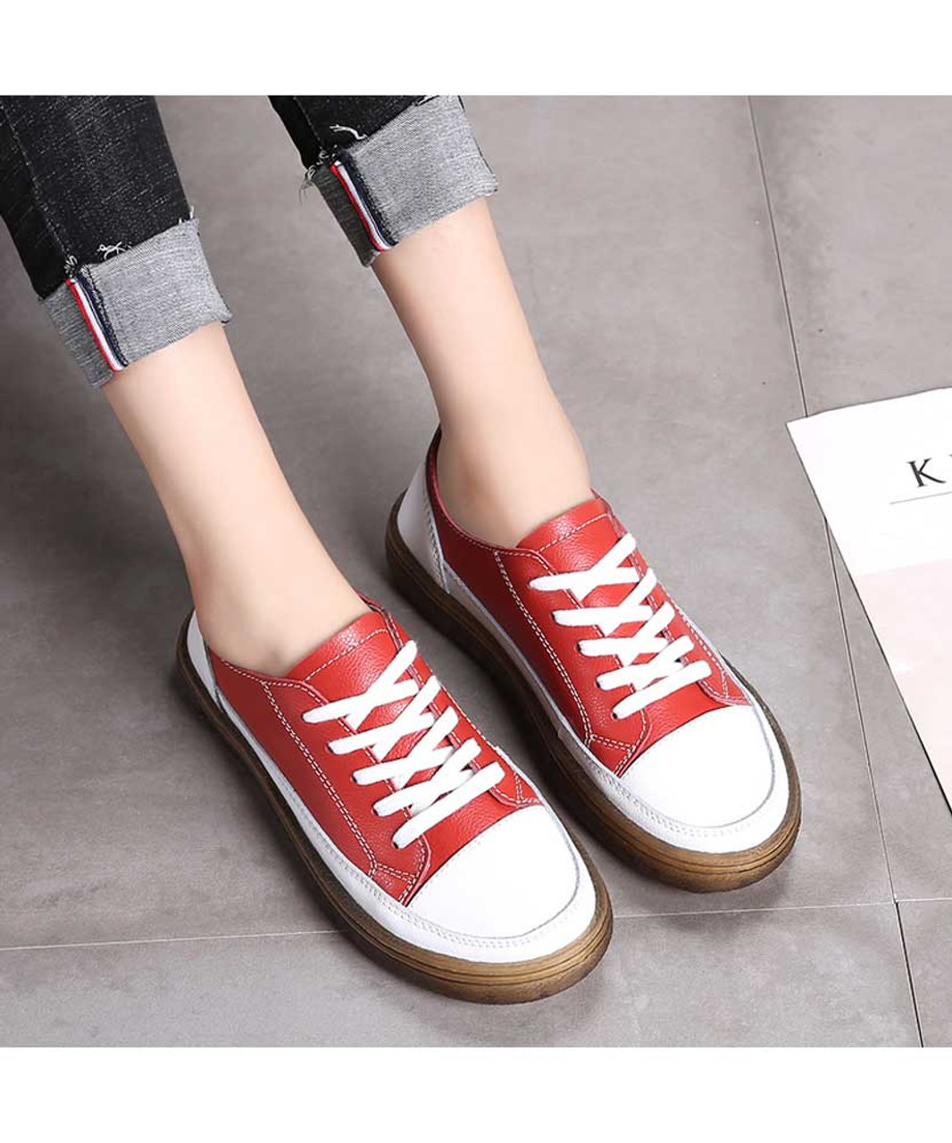 Red white sewed split leather shoe sneaker | Womens shoe sneakers ...