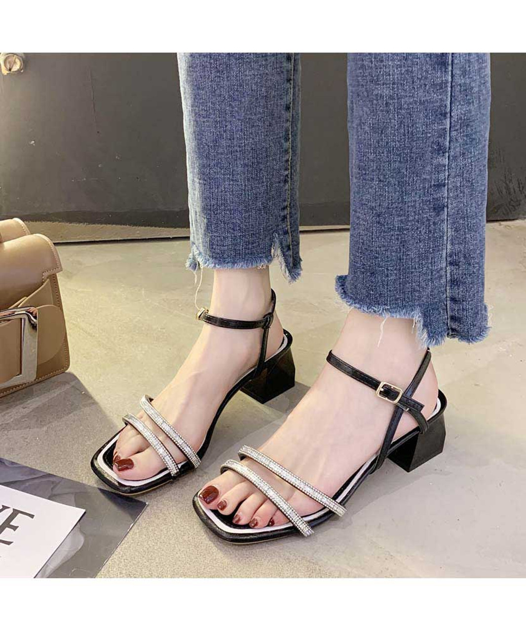 Black rhinestone ankle strap buckle mid heel sandal | Womens shoe ...