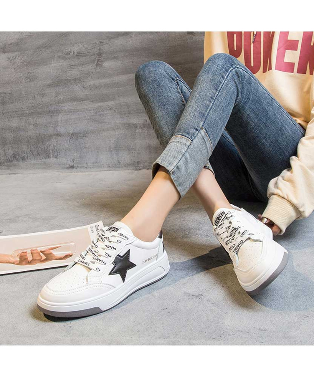 White black star letter print shoe sneaker | Womens shoe sneakers ...