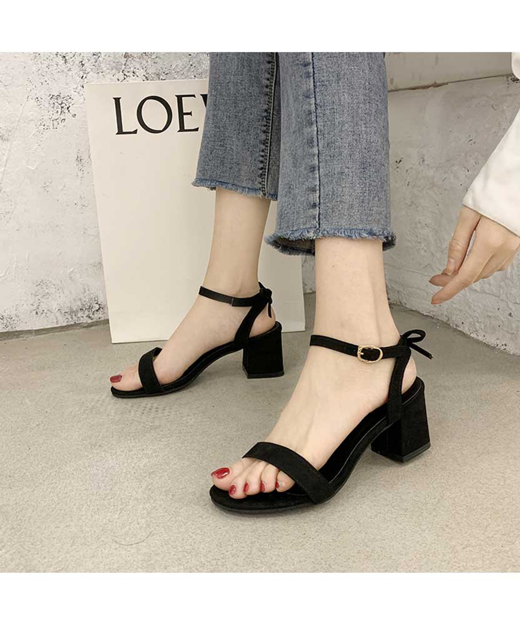 Black leather heel shoe sandal back butterfly lace strap | Womens shoe ...