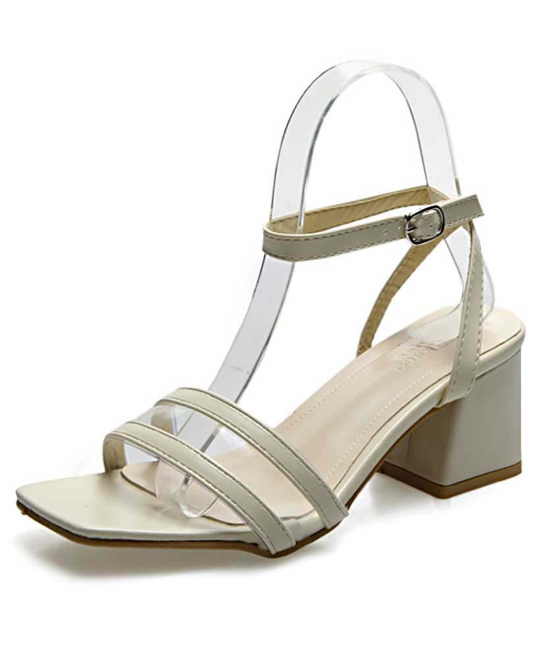 Beige ankle strap buckle thick heel 