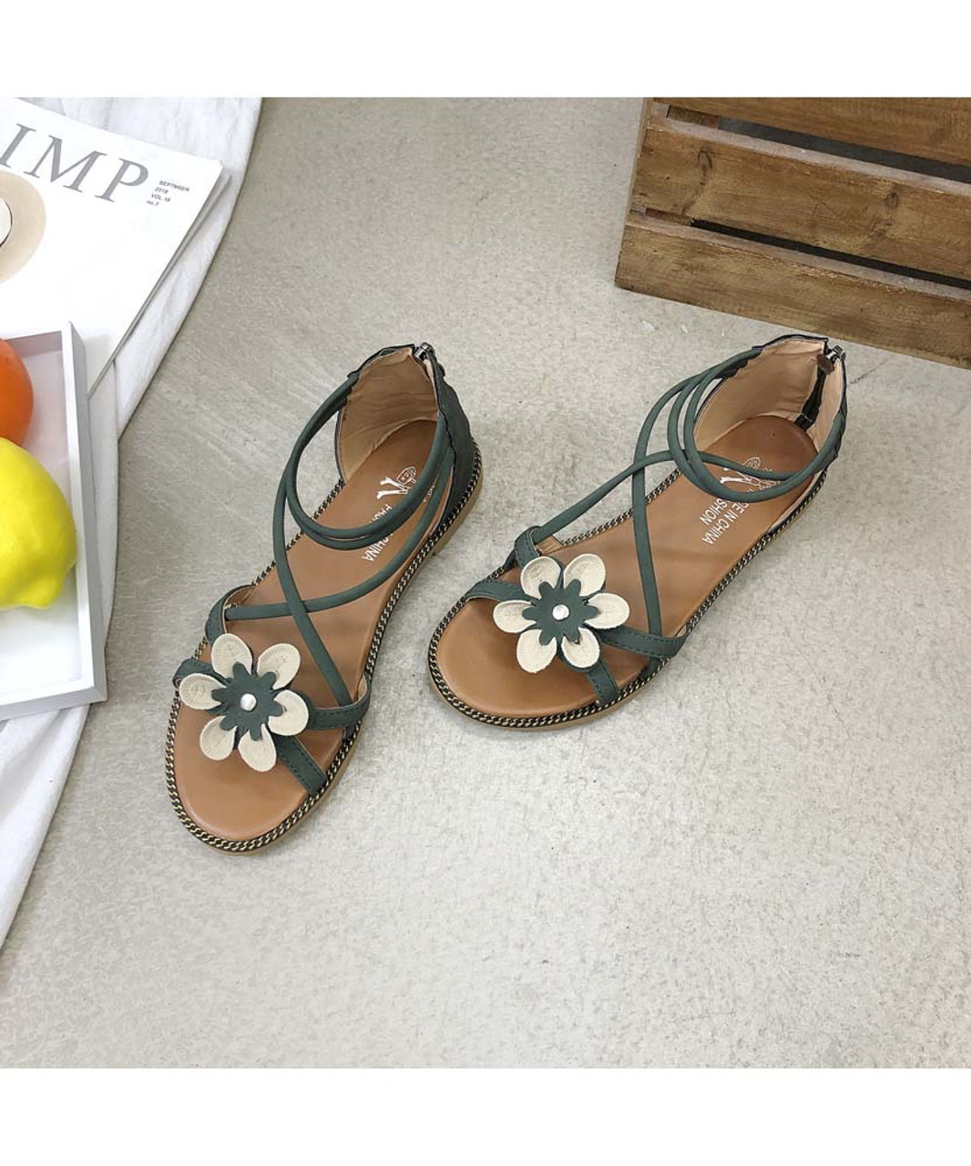 Green flower cross strap zip back slip on shoe sandal | Womens shoe ...