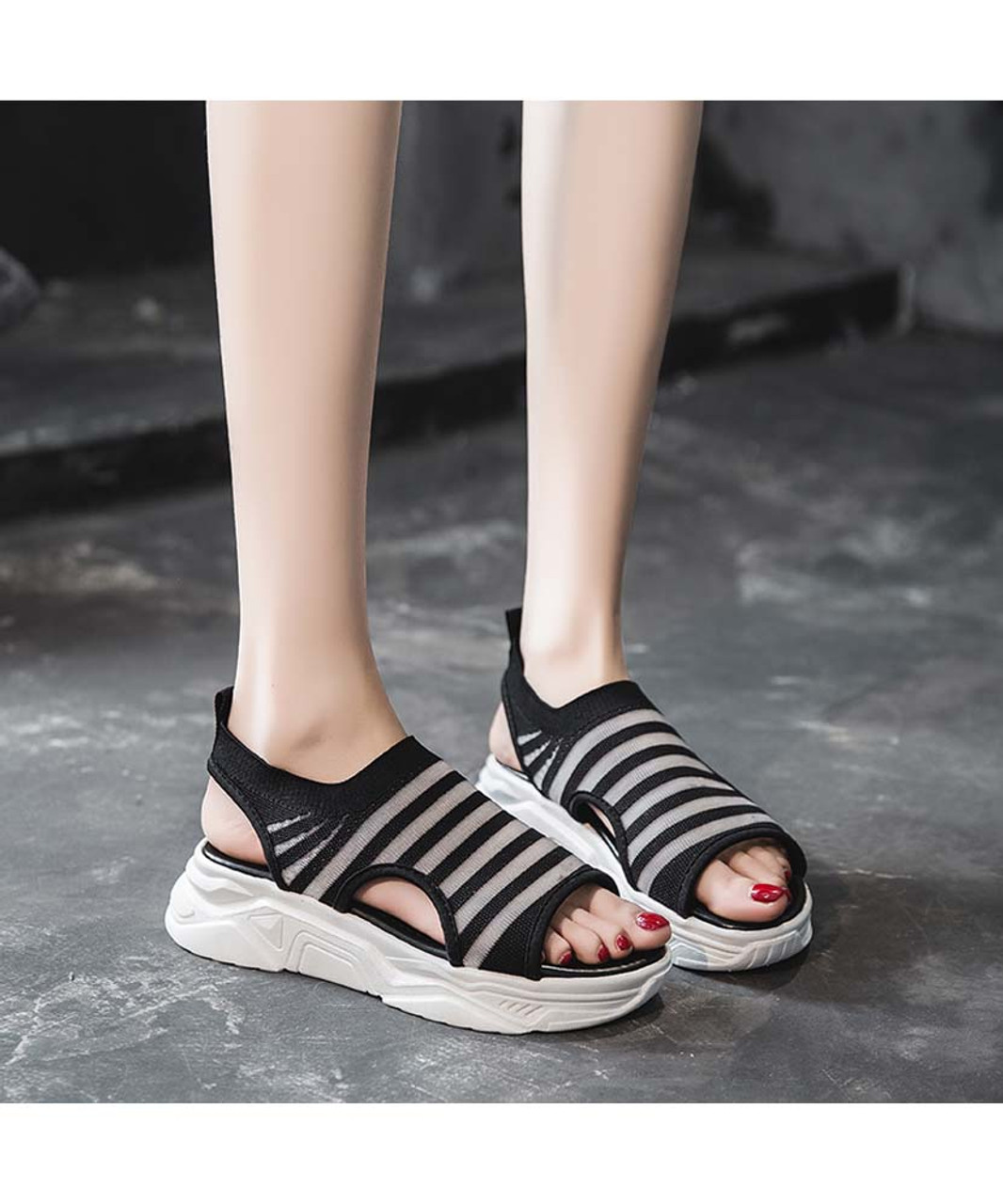 Black open toe stripe design slip on shoe sandal | Womens shoe sandals ...
