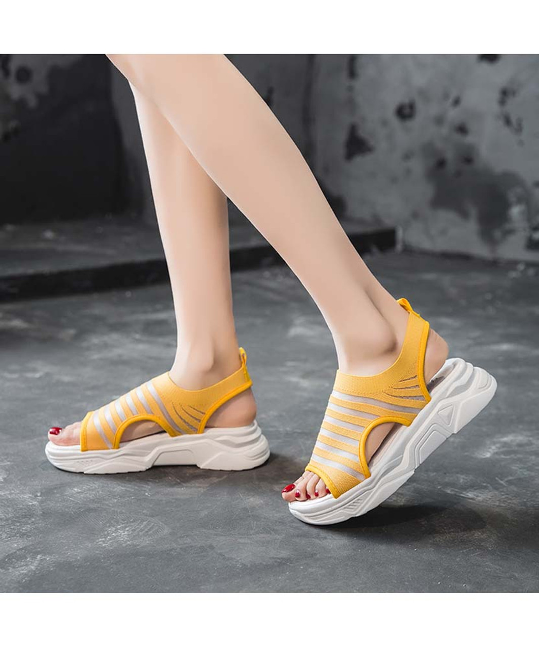 Yellow open toe stripe design slip on shoe sandal | Womens shoe sandals ...