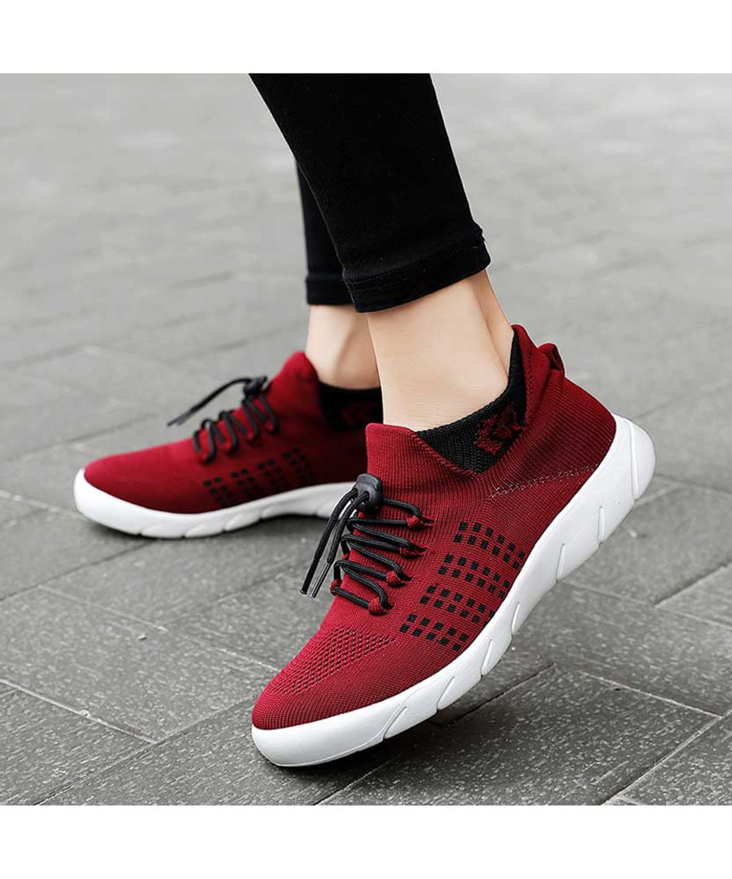 Red drawstring lace flyknit pattern shoe sneaker | Womens shoe sneakers ...