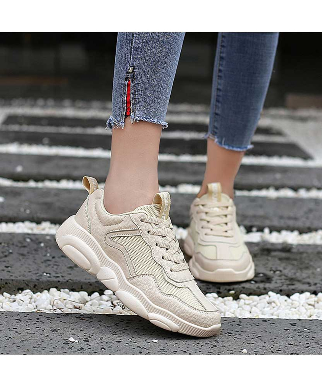 Beige simple plain mesh vamp shoe sneaker | Womens shoe sneakers online ...