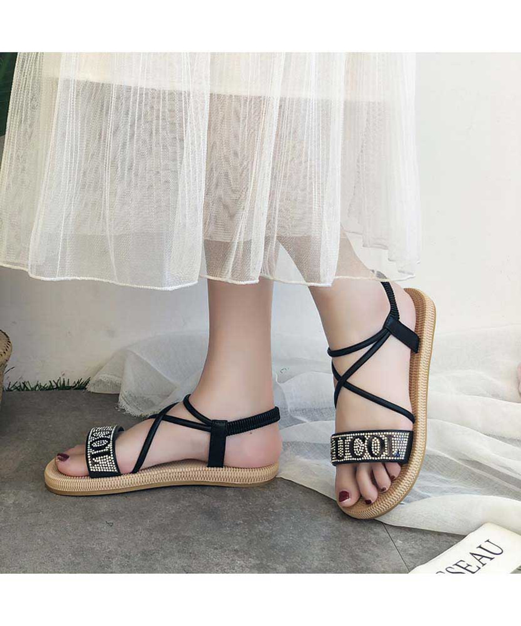 Black letter pattern criss cross slip on shoe sandal | Womens shoe ...