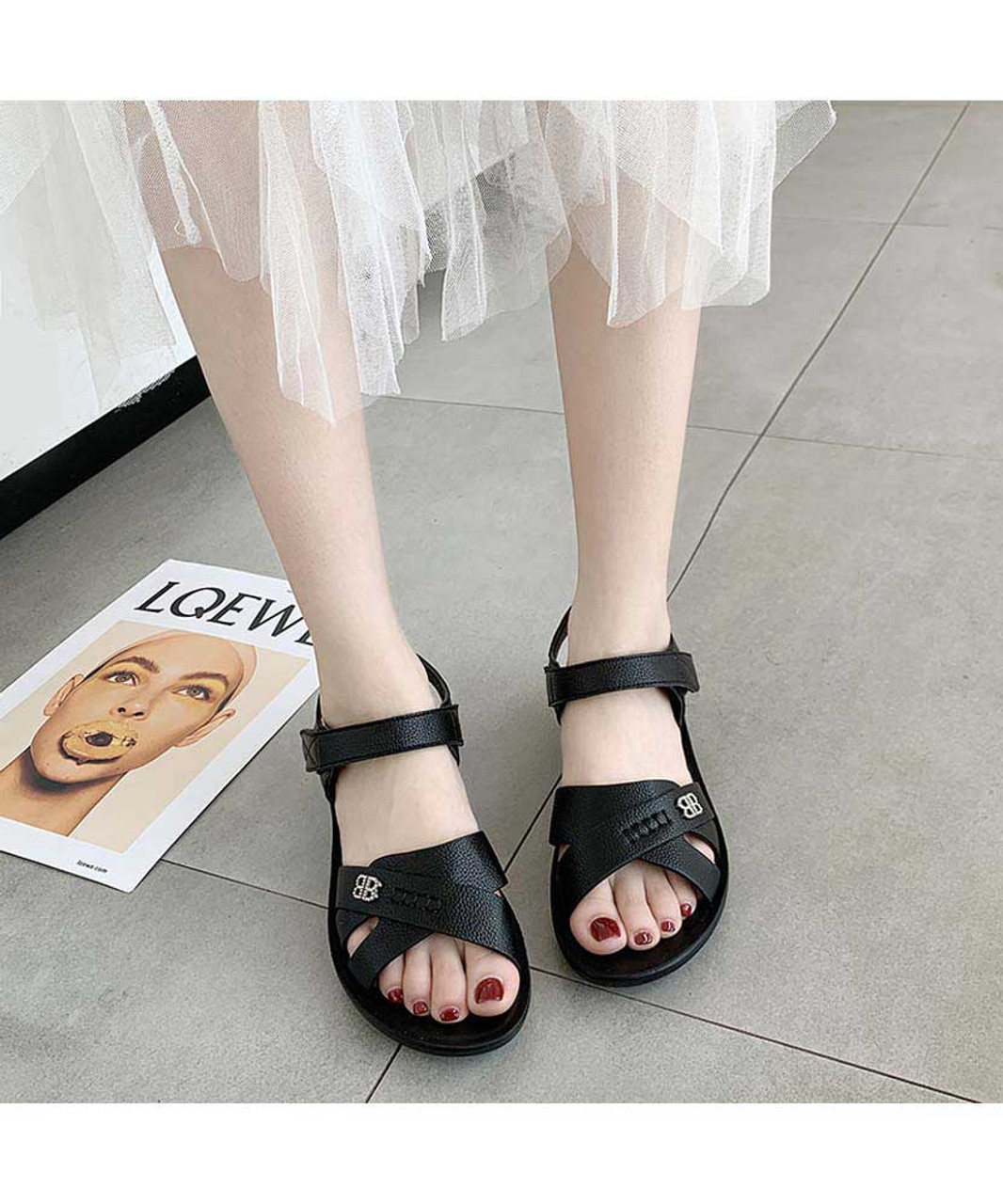 Black velcro shoe sandal ornament on vamp | Womens shoe sandals online ...