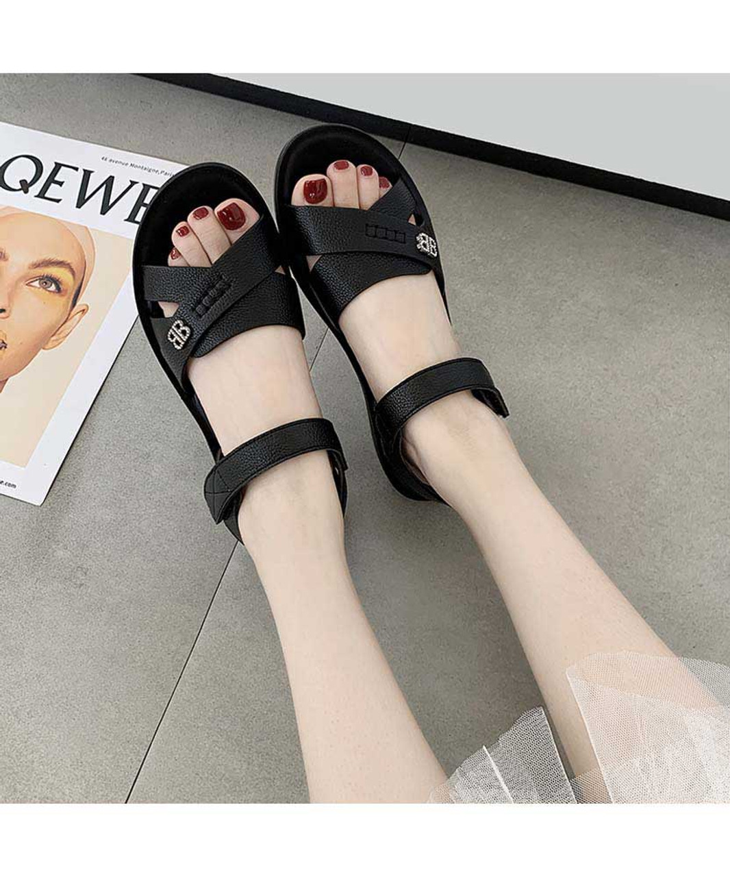 Black velcro shoe sandal ornament on vamp | Womens shoe sandals online ...