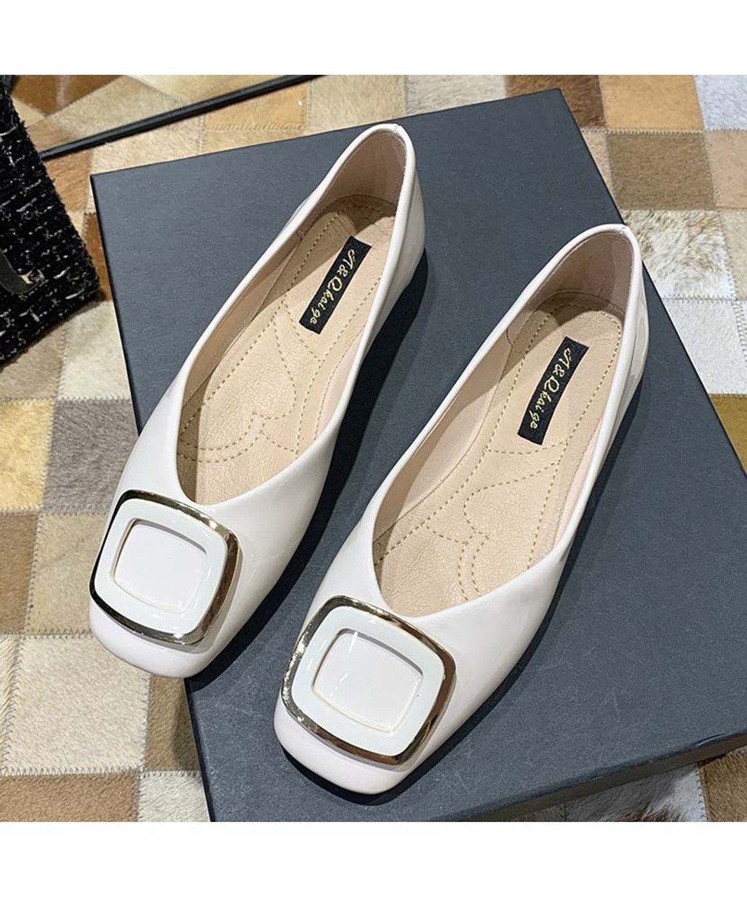Beige square buckle slip on shoe flat | Womens heel dress shoes online ...