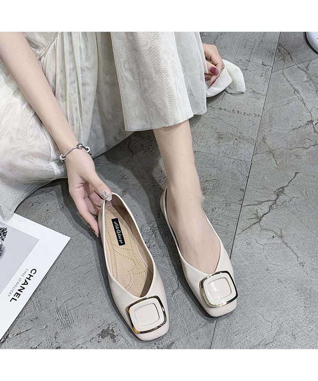 Beige square buckle slip on shoe flat | Womens heel dress shoes online ...