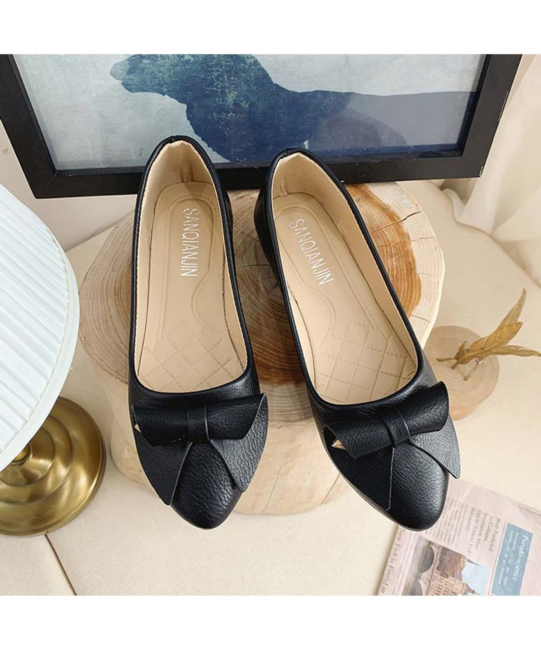 Black bow ornament on vamp slip on shoe | Womens heel dress shoes ...