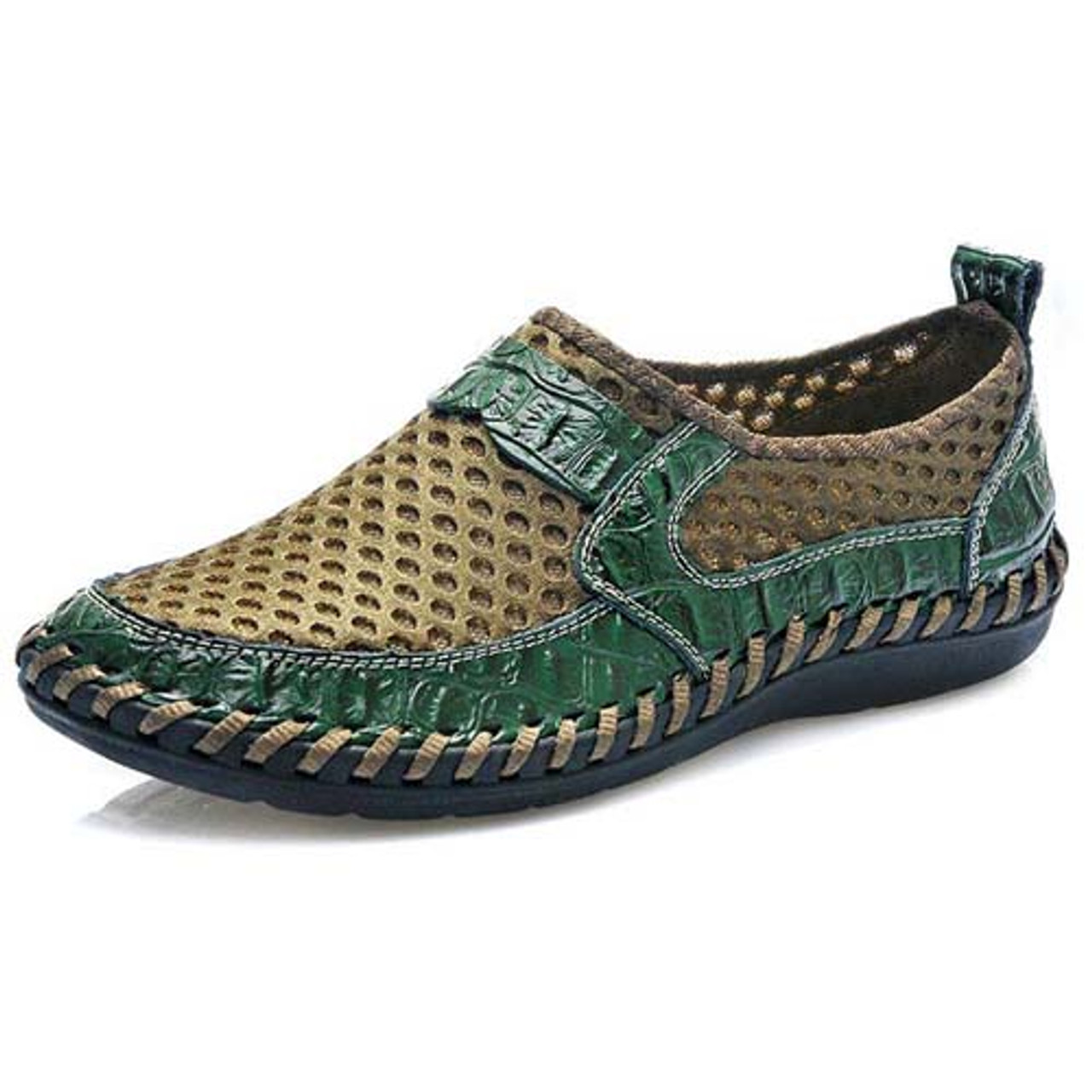 Men's green casual mesh leather slip on shoe | Mens slip on loafers shoes  online | 1021MS