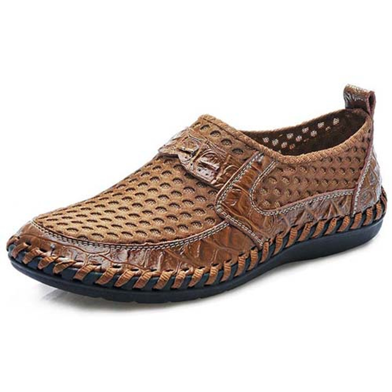 Men's brown casual mesh leather slip on 