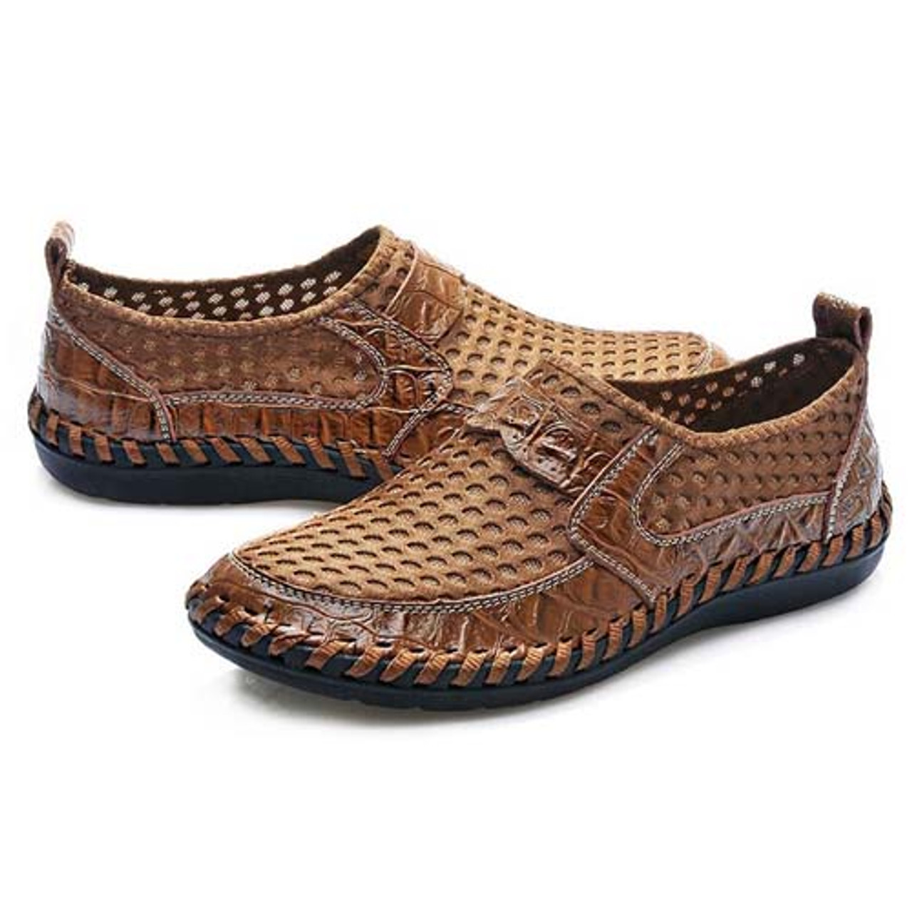 Men's brown casual mesh leather slip on shoe | Mens slip on loafers ...