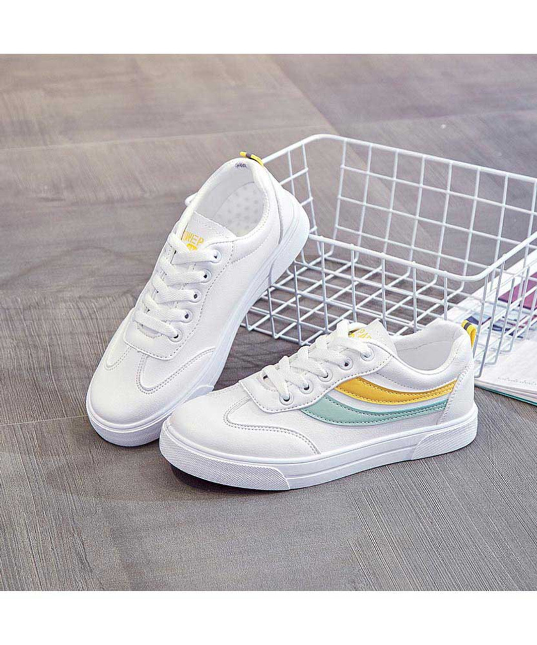 White mixed yellow green color stripe shoe sneaker | Womens sneakers ...