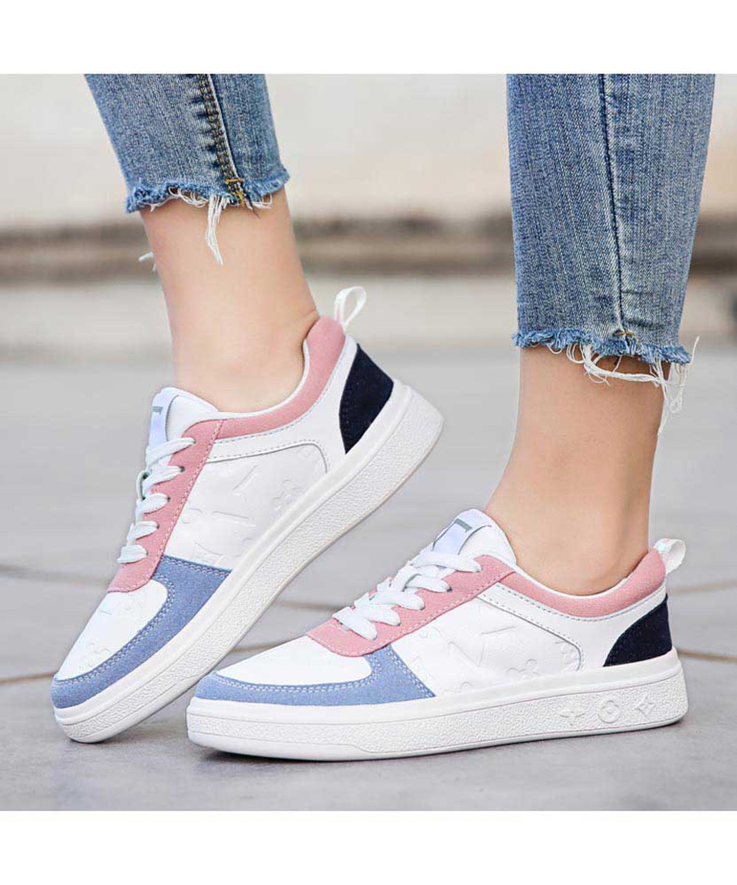 Pink white pattern vamp mix color lace up shoe sneaker | Womens ...