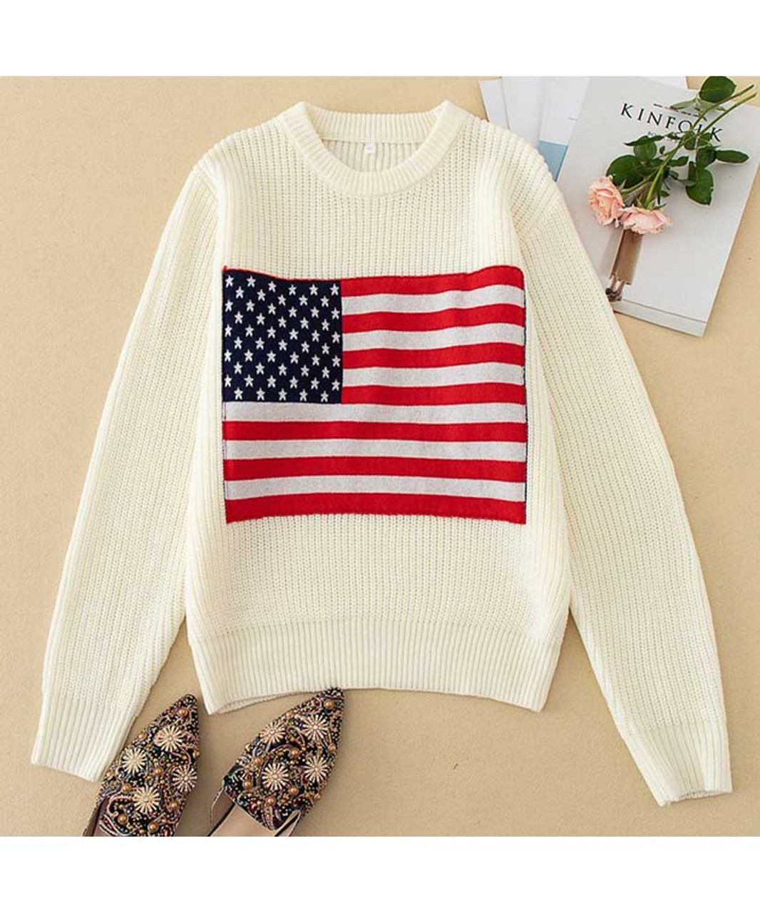 White American Flag Cotton Intarsia Sweater