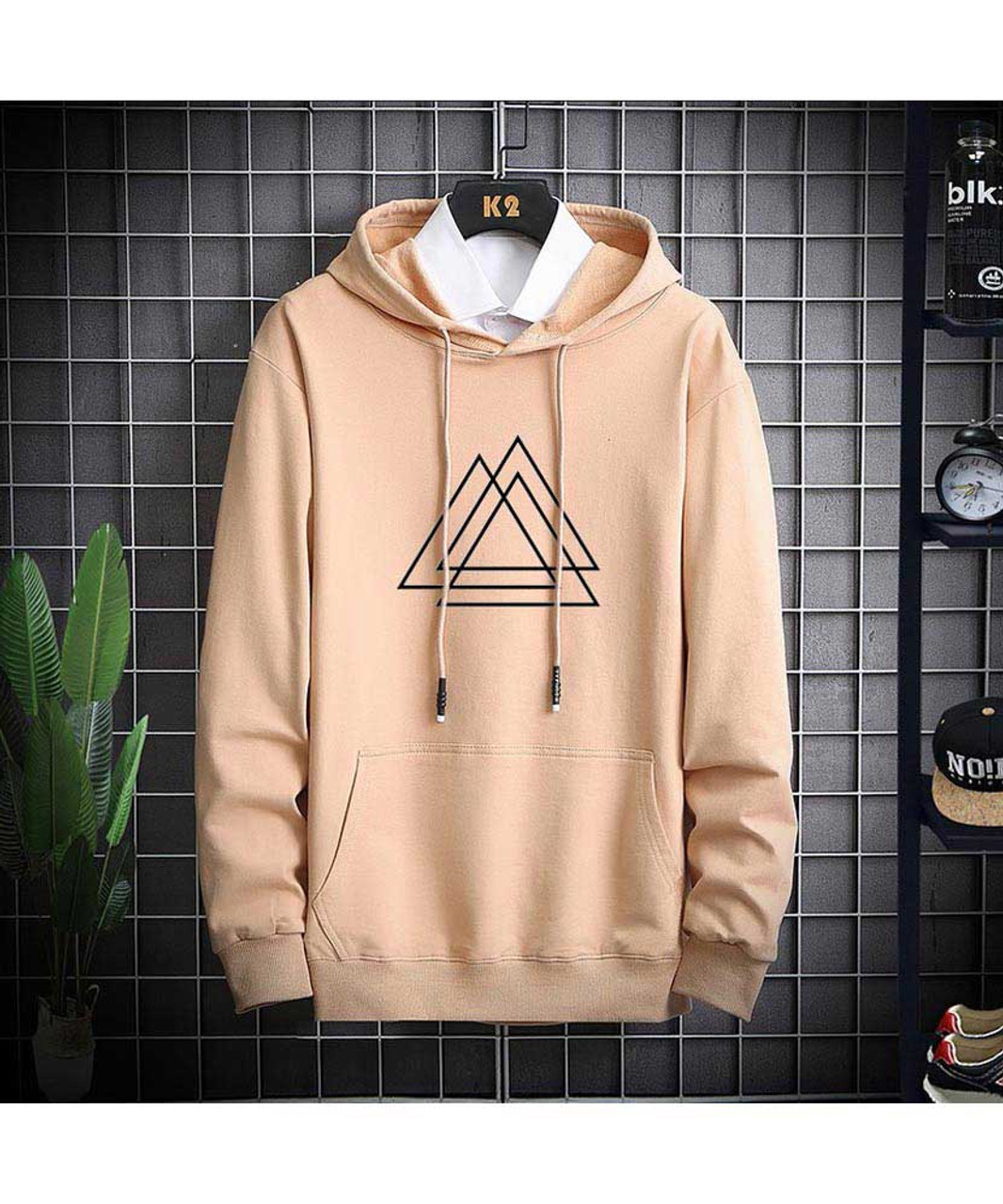 Khaki triple triangle pattern print pull over hoodies | Mens hoodies ...