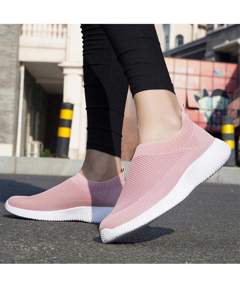 Pink casual flyknit plain slip on shoe sneaker Womens sneakers shoes
