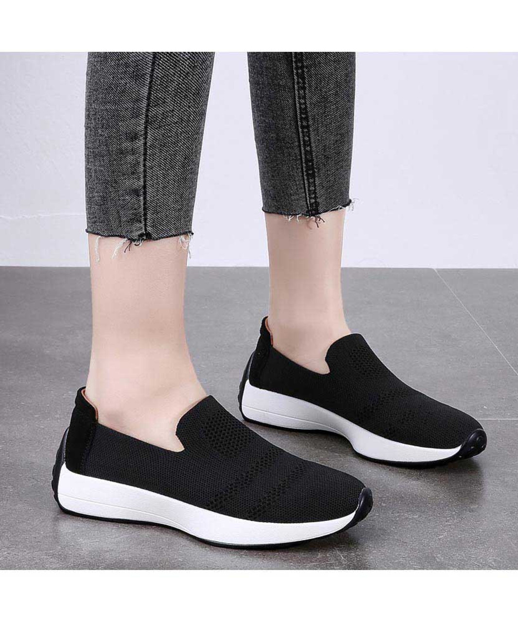 Black block stripe texture flyknit slip on shoe sneaker | Womens ...