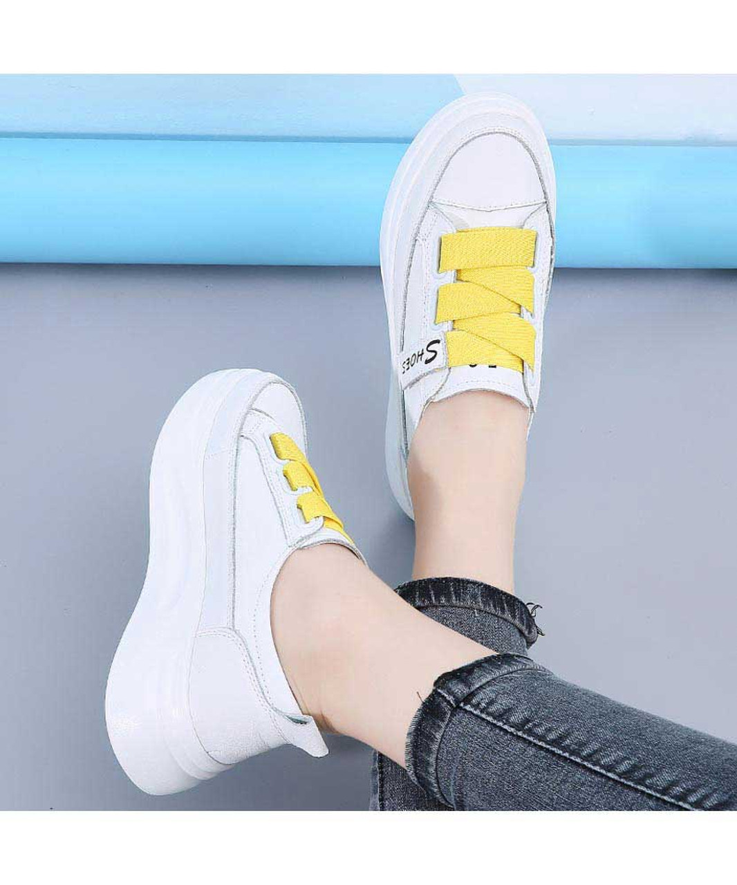 White yellow wide lace platform shoe sneaker | Womens sneakers shoes ...