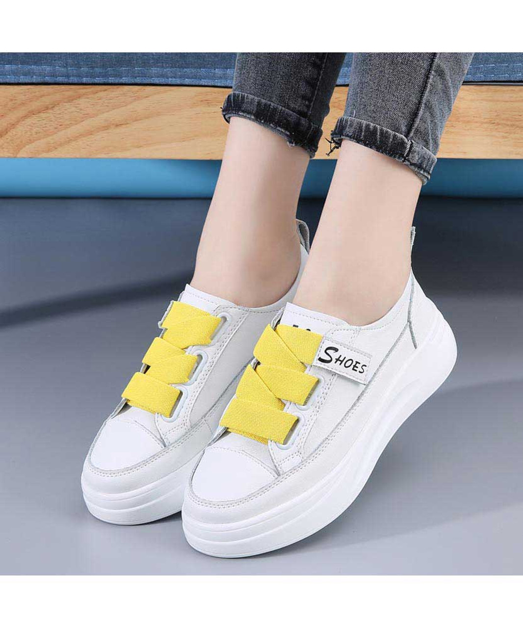 White yellow wide lace platform shoe sneaker | Womens sneakers shoes ...