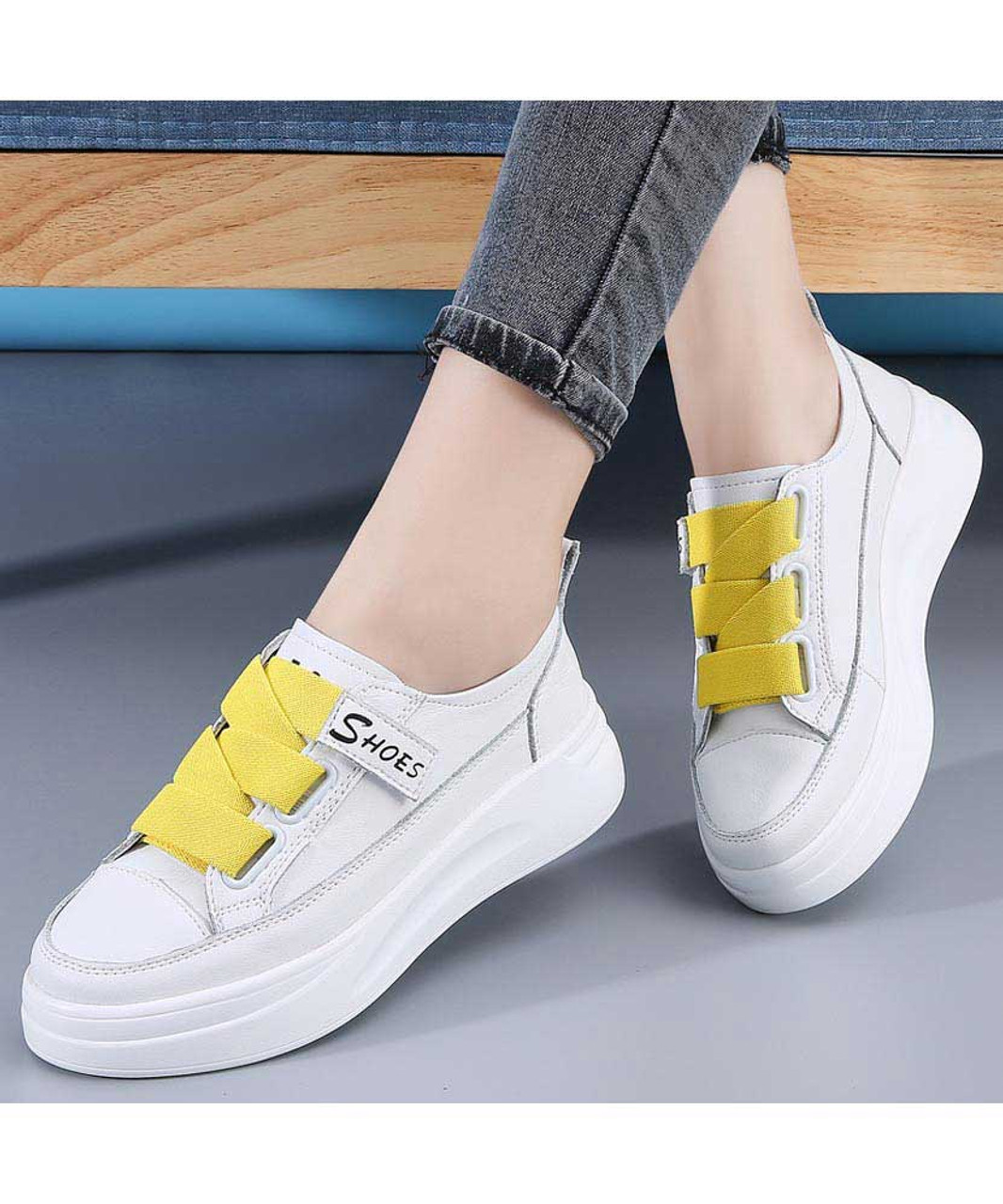 White yellow wide lace platform shoe sneaker | Womens sneakers shoes ...