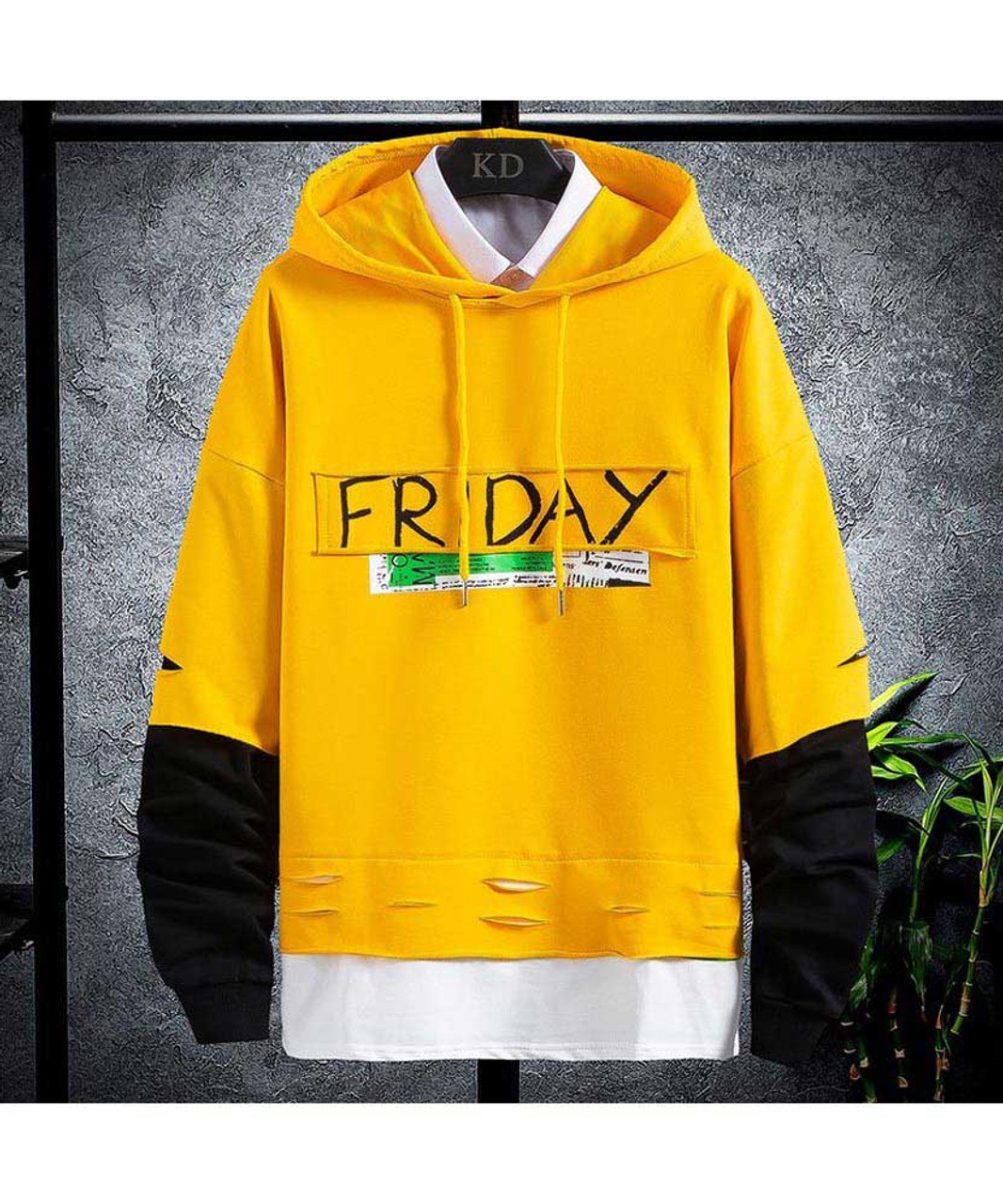 Yellow FRIDAY print ripped design pull over hoodies | Mens hoodies online  1636MCLO
