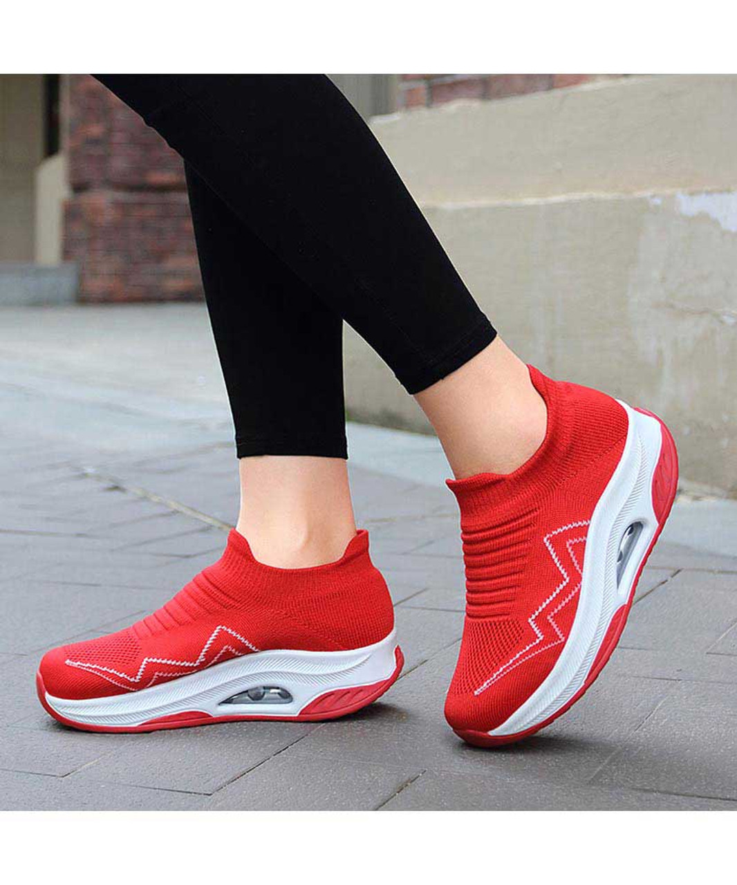 Red flyknit stripe sock like slip on rocker bottom sneaker | Womens ...