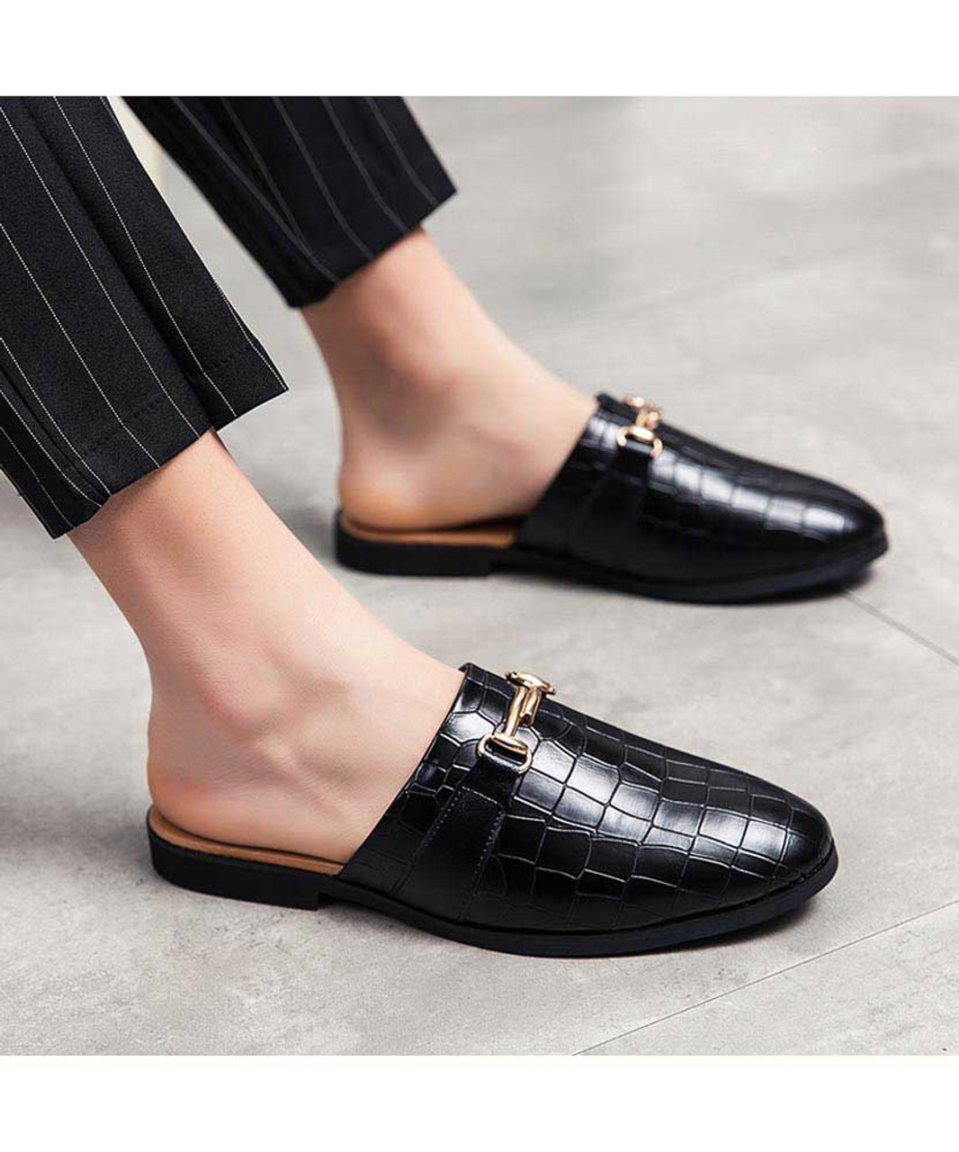 Black croco skin pattern buckle slip on half shoe loafer | Mens shoe ...