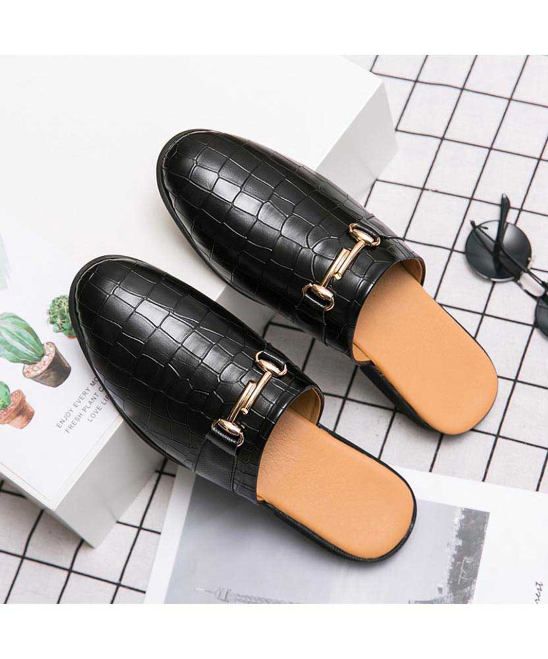 Black croco skin pattern buckle slip on half shoe loafer | Mens shoe ...