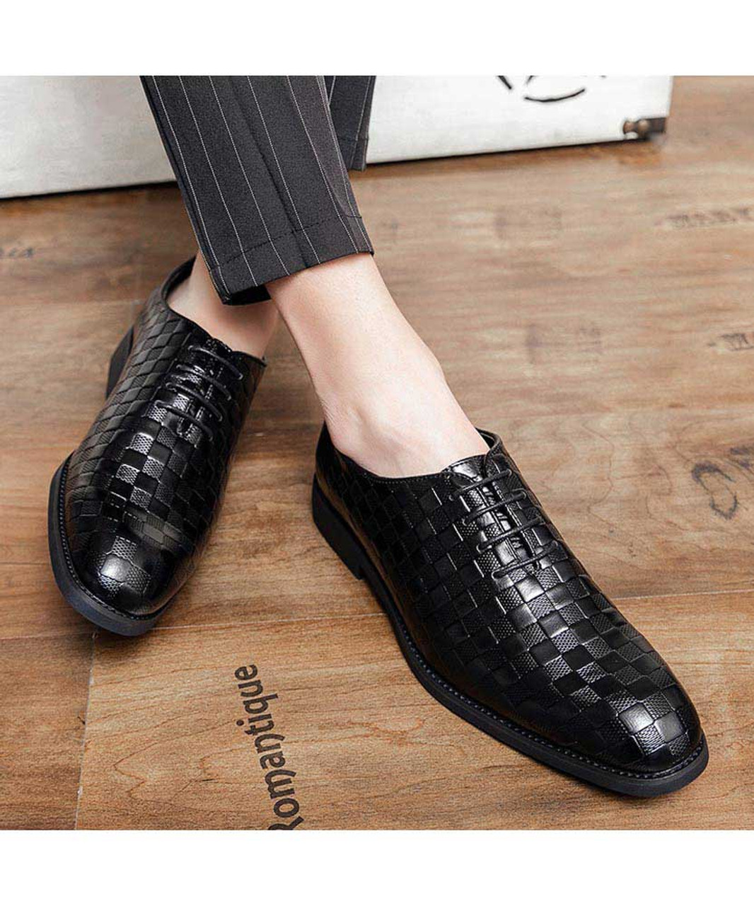 Black check pattern leather oxford dress shoe | Mens dress shoes online ...