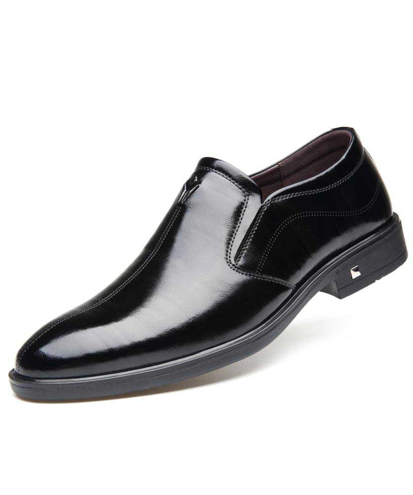 Black leather slip on dress shoe with metal ornament Mens dress shoes