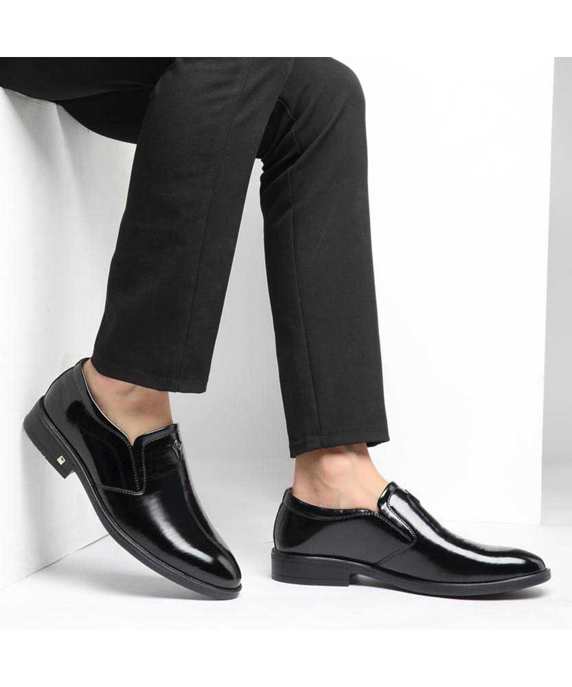 Black leather slip on dress shoe with metal ornament Mens dress shoes