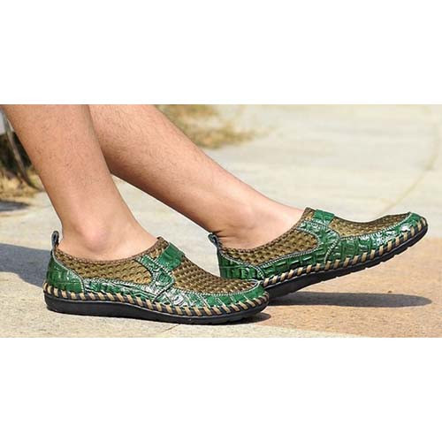 Men's green casual mesh leather slip on shoe Mens slip on loafers