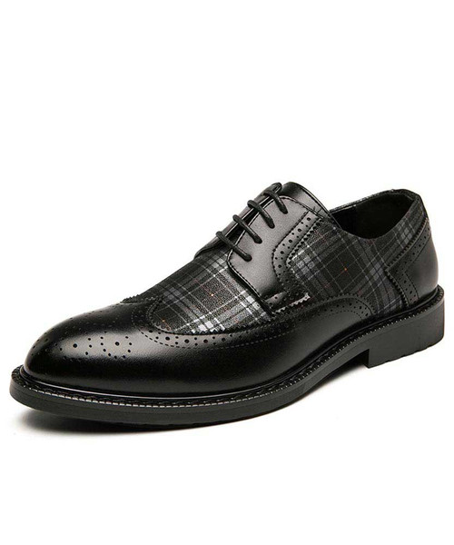 Men's black check pattern brogue derby dress shoe 01