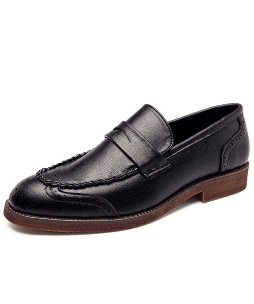 Men's black retro brogue penny slip on dress shoe 01