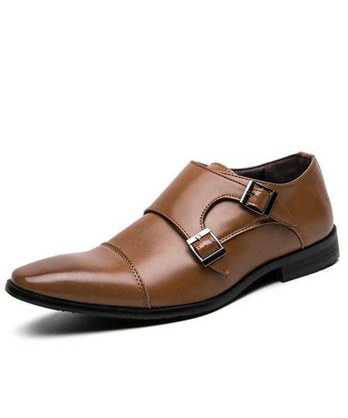 Men's brown cap double monk strap slip on dress shoe 01